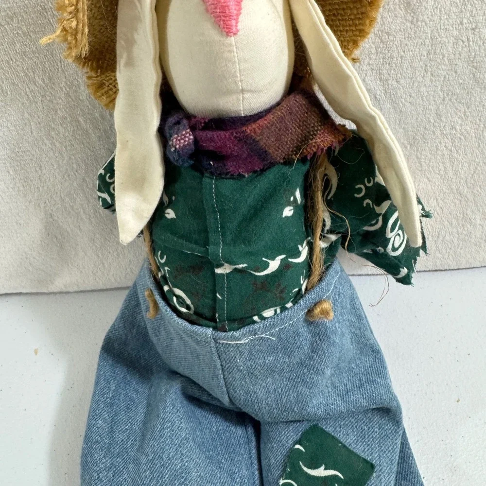 Adorable Bunny scarecrow Doll Plush Stuffed Animal Straw‎ Hat Denim Overall